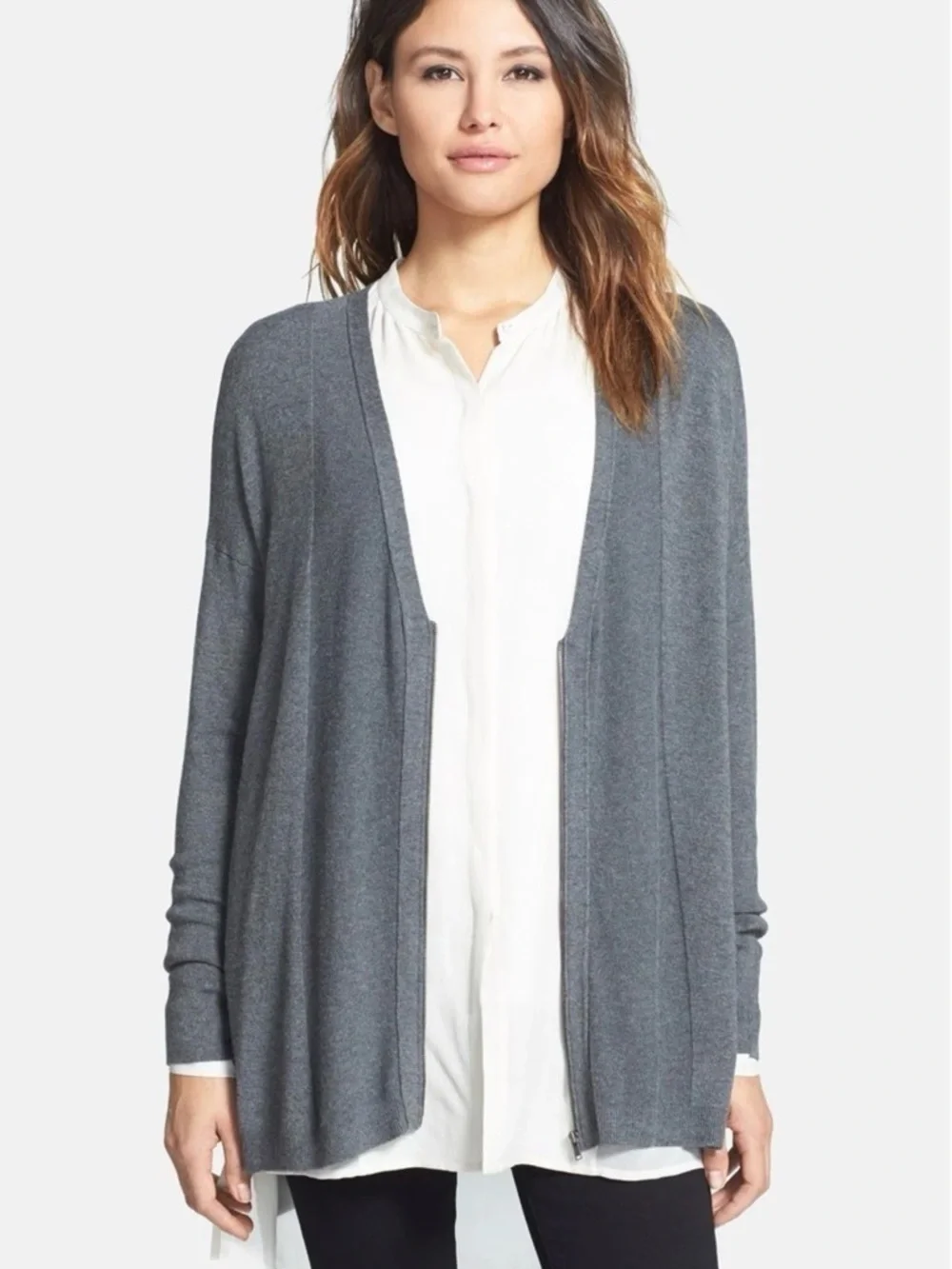 Eileen Fisher Viscose Stretch Knit Zip Long Sweater Cardigan Size Medium Cozy